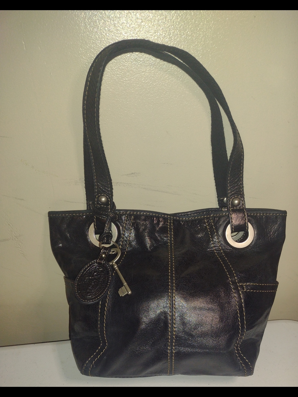 Fossil Long Live Vintage 1954 Hathaway Black Leather Tote Shoulder Bag